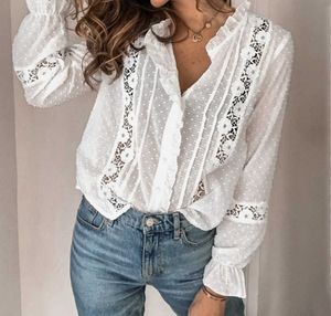 Berrygo Summer Floral Cotton White Blouse Vintage Hollow Out Female Office Ladies Tops Cascured Lace Lace Long Mange Shirts 210308