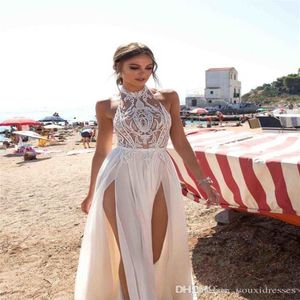 Berta Vestidos de novia bohemios 2019 Halter Apliques de encaje Granos Sexy Side Split Beach Vestidos de boda por encargo Barato Boho nupcial 280g