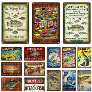 Méfiez-vous de l'attaque poisson métal peinture pêche affiche Vintage plaque métallique pour Plaque murale Bar Art décor à la maison Cuadros 20cm x 30cm Woo