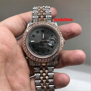 Reloj Bi-Rose Gold Diamond para hombre, esfera gris, relojes de moda con diamantes, reloj deportivo mecánico automático con calendario