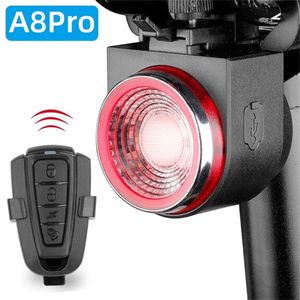 Lámpara trasera de bicicleta, luz de freno, alarma de robo, llamada remota, Control inalámbrico, carga USB, linterna LED, buscador de bicicleta, bocina A8 A8Pro 220721