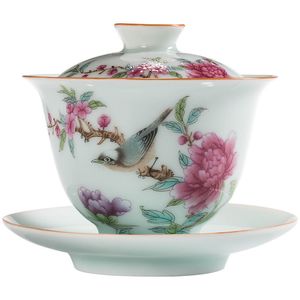 Grand oiseau bol à thé avec soucoupe couvercle Kit Art jardin Pastrol céramique porcelaine fleur maître thé soupière verres cadeau décoration artisanat