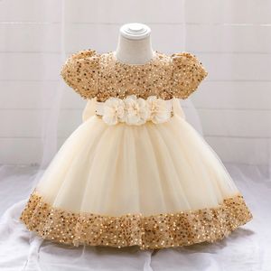 Big Bow Gold Sequins Party Baby Girls Dress Toddler Tutu Lace 1er Birthday Princess Robes For Girl Wedding Prom de Noël robe de Noël 240323