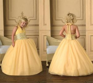 Großer Rabatt Ballkleid Neckholder Lang Gelb Organza Girl039s Pageant Kleider Perlen Pailletten Hohe Qualität Cupcake Blumenmädchen Dre2150769