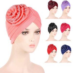 Grande fleur Turban femmes musulmanes Hijabs diamants chimio casquette indien perte de cheveux couverture Bonnet chapeau foulard Wrap Femme casquettes indiennes