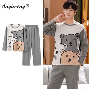 Pyjamas décontracté à grande taille Mens décontractés Coton Coton Long Manche Kawaii Bear Cartoon Printing Sleeping Sleeping For Men Pijama for Boy 220511