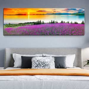 Toile de grande taille Peinture Sunset Lake Flowers Nature Paysage Affiche et pinceau Picture murale Picture pour chambre à coucher Décor de la maison Cuadros