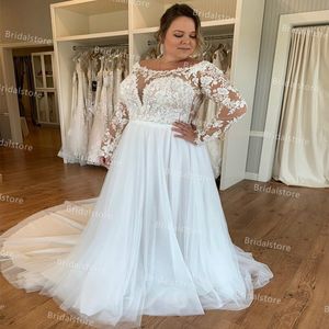 Big White Boho Robes de mariée avec dentelle à manches longues Scoop Une ligne Tulle Pays Robe de mariée 2021 Plus Size Femmes Étage Longueur Appliques Bohème Bride Wear