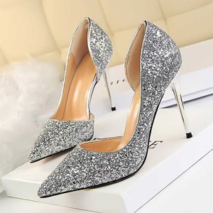 Zapatos BIGTREE, zapatos de tacón para mujer, tacones altos sexis, tacones de gatito dorados, zapatos de boda plateados para mujer, estilete blanco 210721