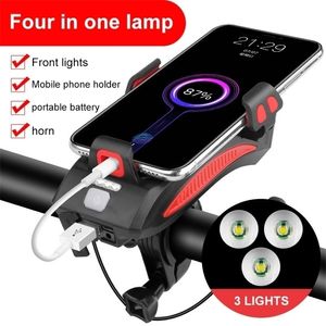 Lumières de vélo multifonction 4 en 1 lumière lampe de poche klaxon de vélo alarme cloche support de téléphone batterie externe vélo accessoires vélo avant lumière 220930