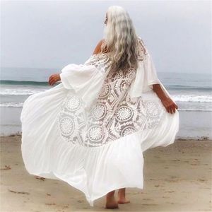 Bikini Cover-Ups Sexy Belted Summer Dress Summer White Lace Cotton Tunic Women Plus Size Beach Wear Suet Copertura Q1049 210420