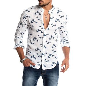 Camisas casuales para hombres Camisa de lino con estampado de pájaros para mujeres Cuello de soporte Manga corta Verano Blusa masculina blanca 2021 Ropa para hombre