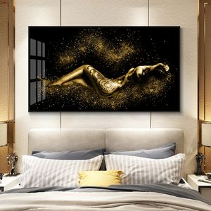 Pintura al óleo de figura de cuerpo de mujer desnuda Sexy abstracta negra y dorada sobre lienzo carteles e impresiones cuadro de arte de pared para sala de estar
