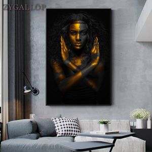 Pintura al óleo india sobre lienzo de mujer desnuda africana, carteles e impresiones en negro y dorado, decoración de pared moderna, imagen artística para sala de estar