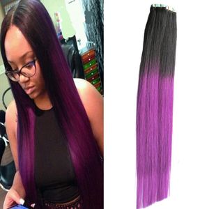 Bande ombrée noire et violette dans les extensions de cheveux humains Extensions de cheveux de bande de trame de peau pu bicolore vierge brésilienne droite extension de cheveux remy