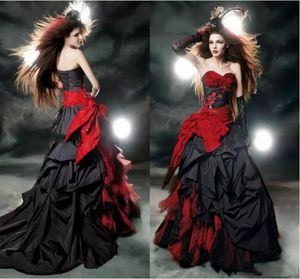 Robes de mariée a-ligne gothique noir et rouge style cour vintage chérie à volants en taffetas longueur au sol gros arc corset robe de mariée
