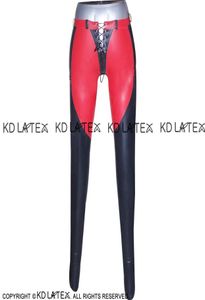 Pantalones vaqueros de látex sexys con adornos negros y rojos, mallas con cordones en la parte delantera y trasera, pantalones vaqueros de goma 00102350828