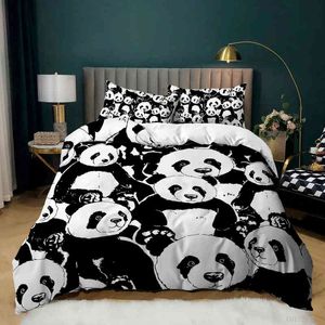 Juego de cama con estampado de decoración de Panda en blanco y negro para niños y niñas, microfibra suave de dibujos animados, tamaño Queen ligero