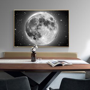 Pintura al óleo de luna blanca y negra sobre lienzo, póster impreso, arte de pared, imágenes de construcción abstractas para la decoración del hogar de la sala de estar