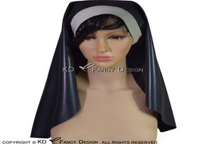 Noir et blanc Sexy Latex nonne habitude avec boutons en caoutchouc couvre-chef masque à capuche grande taille XXL 02068499015