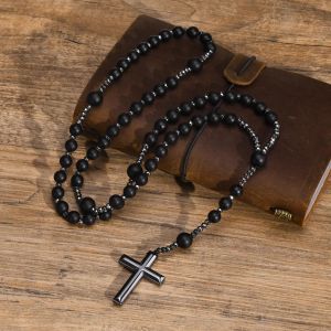 Colliers chapelet croisé de perles noires pour hommes, collier de chaîne en or noir 14 carats, bijoux de prière de foi religieuse
