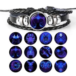 Bracelet en cuir tressé noir pour femme 12 Constellation Signe du zodiaque Lion Vierge Balance Tissé Verre Dôme Charme Perles Bijoux Punk Hommes Bracelets