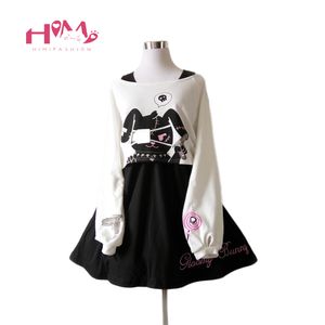 Vestito da coniglietto comico nero Vestito da bambina da 2 pezzi Vestito in cotone dolce Vestito corto da coniglietto carino Stampa maniche lunghe Vestito lolita giapponese Q190402