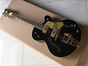 Black Falcon Jazz Guitare électrique G6120 Corps semi-creux Touche en ébène Accordeurs impériaux coréens Gold Sparkle Binding Double F Hole