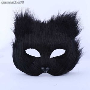 Black Furry Cat Fox Mask Faux Fur Animal Cosplay Disfraz Cumpleaños Bar Props Party Masquerade Fancy Dress Girl Easter L230704