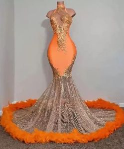 Chicas negras Sirena naranja Vestidos de fiesta y de noche Rebordear Lentejuelas Cuello alto Plumas Falda de lujo Fiesta de noche Vestidos formales BC14825