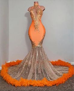 Filles noires orange sirène robes de bal 2023 perles en satin paillettes plumes de cou haut jupe de luxe en soirée robes formelles pour femmes