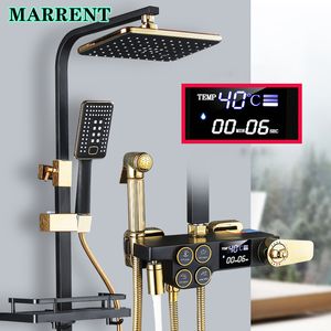 Black Gold Thermostatic Digital Bathroom Shower Set Quality Brass Bathtub Mixer Faucets Rain Shower Head Hot Cold Shower System