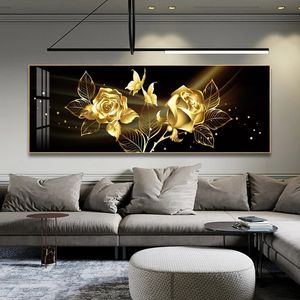 Cuadro sobre lienzo para pared con diseño de mariposa y flor de rosa dorada negra, póster impreso, imagen de Horizonta para decoración de dormitorio y sala de estar
