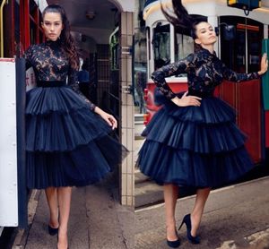 Vestidos de fiesta árabes cortos góticos negros Mangas largas Encaje Una línea Hasta la rodilla Falda tutú modesta Vestido de cola Vestidos de noche baratos