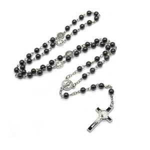 Collar de rosario católico de hematita negra, collar cruzado, adorno religioso, joyería de oración