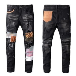 Jean noir pour homme déchiré au genou Slim Skinny Coupe décontractée Biker Stretchy avec trou Trendy Street Distress Straight Leg Long Tan Pocket Denim Letter Print Leopard Patch