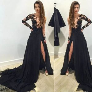 Lace negro Beading Vestido de fiesta Manga larga Elegante Pagant Sexy Cut Gown Side Split Train Long Train a través de vestidos de mujer