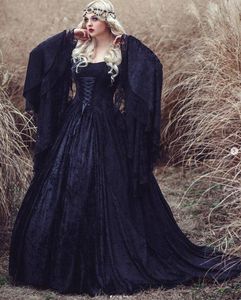 Dentelle noire gothique Gwendolyn Prom Occasion robe avec fée à manches longues hors épaule à lacets Corset Halloween Cosplay robes de soirée
