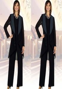 Black Long Jacket Mother of the Bride Pant Suits avec une manche longue plus taille tripied mères