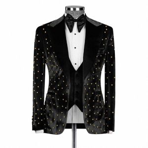 Black Man Veet Costumes Formels Slim Fit Groom Tuxedos De Mariage Sur Mesure Perles D'or Blazer De Bal Busin Banquet Vêtements Pour Hommes V17v #