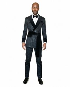 Traje negro para hombre con cinturón Veet Lapel Jacquard, esmoquin para novio de boda, cena, chaqueta y pantalones hechos a medida, 2 uds. R73A #