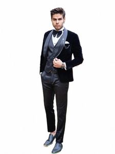 Costumes pour hommes noirs sur mesure 3 pièces Veet Blazer Gilet Pantalon Satin Sheer Revers Tuxedo Slim Mariage moderne Plus Taille sur mesure E62N #
