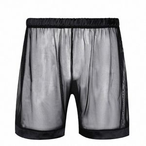 Noir Mens Lingerie Hot Shorts Vêtements de nuit Maille transparente Style ample Sexy Male Lounge Boxer Shorts Vêtements de nuit z6Wt #