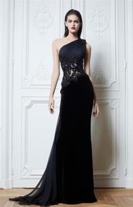 Black One épaule Zuhair Murad Robes de soirée Fleur à la main Voir à travers les appliques Aline Sweep Train Prom Prom Party Party Dress3619550