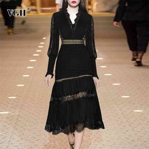 Vestido de encaje de retazos negro para mujer cuello en V linterna manga larga cintura alta plisado Midi vestidos moda femenina 210531