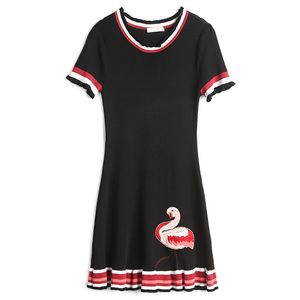 Negro rosa blanco flamenco bordado cuello redondo volantes manga corta tejido A-line Mini vestido mujer verano D1563 210514