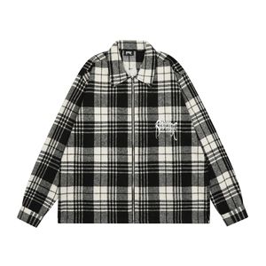 Veste à carreaux noire manteau hommes chemises de broderie en flanelle zippée manteaux hauts Hip Hop pour hommes de haute qualité