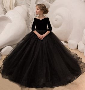 Robe de bal princesse noire pour enfants avec demi-manches élégantes pour filles âgées de 5 à 14 ans