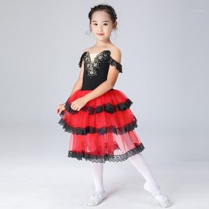 Desgaste de la etapa Traje de ballet de tul rojo negro Mujeres Vestido español para niñas adultas Niño Bailando Tutú romántico largo Disfraces de rendimiento 1