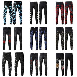 Pantalones vaqueros rasgados negros de diseñador para hombre ajustados desgastados rasgados para hombre Pantalones rasgados Patchwork dañado Cremallera larga Distress Destruido Denim Juventud Agujero recto delgado